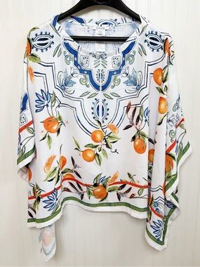 Chico’s White & Orange Citrus Print Kimono Sleeve Poncho Blouse Women’s OS